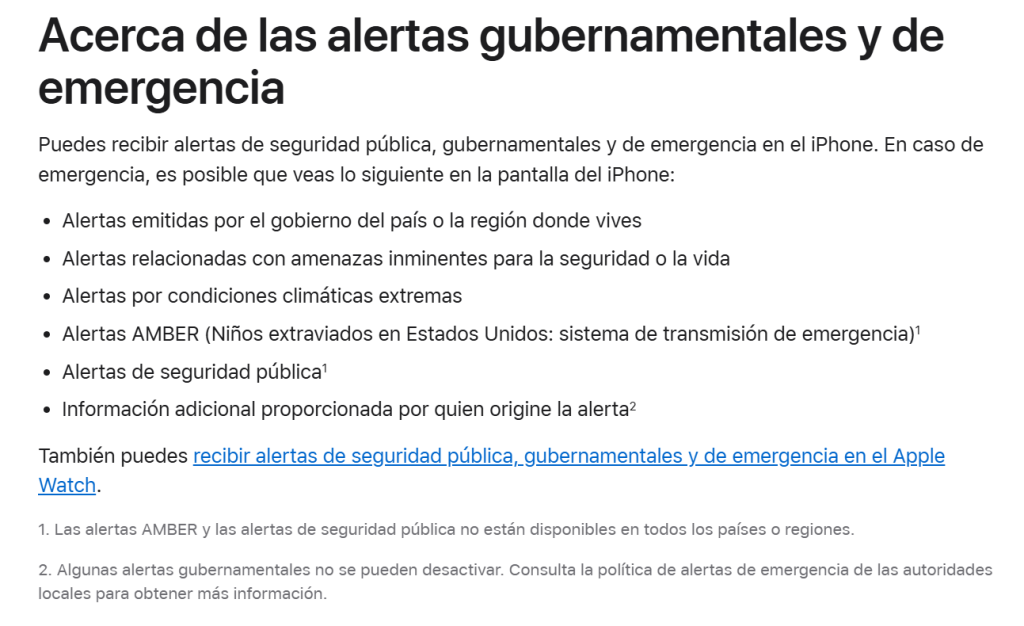 Captura de pantalla de la aclaración de Apple sobre cómo activar la alerta sísmica en Honduras desde un celular iPhone