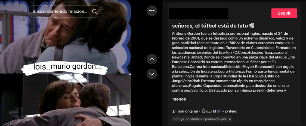 Captura de pantalla de una publicación en la que se difundió que supuestamente Anthony Gordon murió hoy 2026, aunque no es verdad que el futbolista falleció porque está vivo