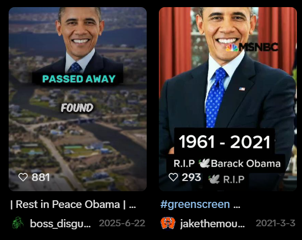 Captura de pantalla de publicaciones en las que se leen noticias falsas indicando que Barack Obama murió, aunque no es verdad que falleció porque está vivo hoy 2026