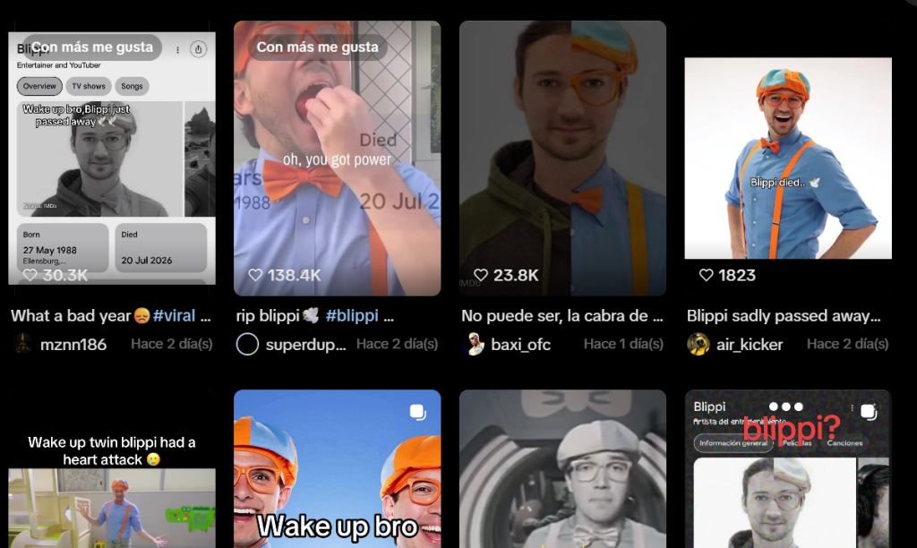 Capturas de pantalla de publicaciones donde se leen noticias falsas indicando que el actor de Blippi murió, aunque no es verdad que falleció porque Stevin John está vivo hoy 2026
