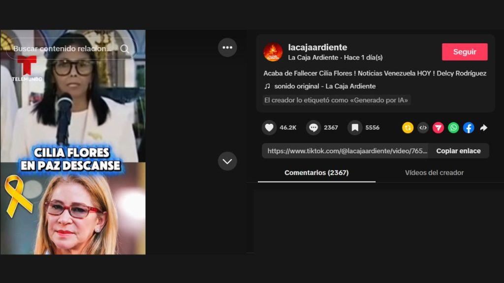 Captura de pantalla de una publicación de un deepfake de Delcy Rodríguez dando supuestas noticias sobre que Cilia Flores murió en una cárcel de Nueva York, aunque está viva hoy 2026