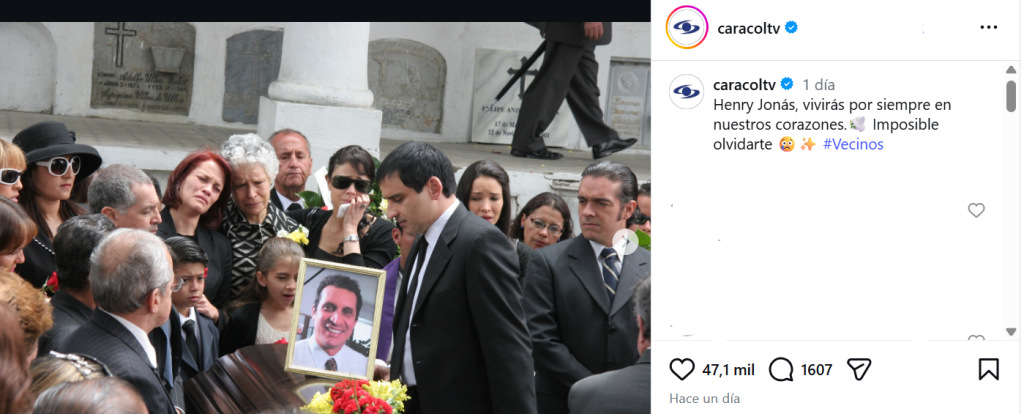 Captura de pantalla de una publicación sobre la muerte de Henry Jonás en Vecinos, por quien se cree que murió el actor colombiano Fernando el Flaco Solórzano, aunque no es verdad que falleció