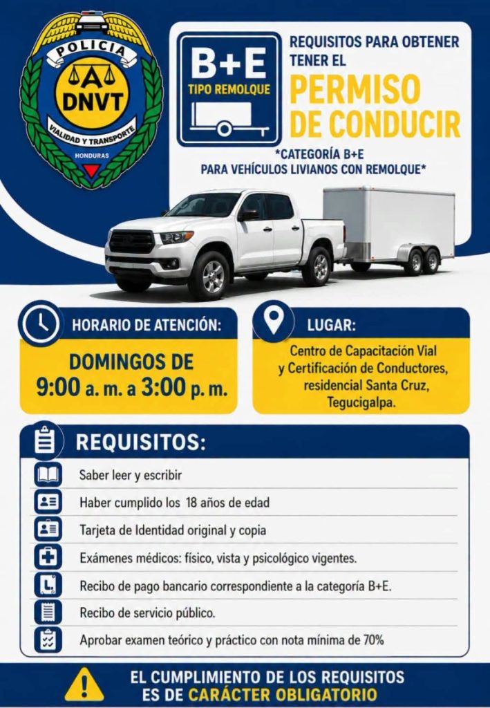 Anuncio de la DNVT sobre las licencias de conducir para vehículos con remolque los domingos