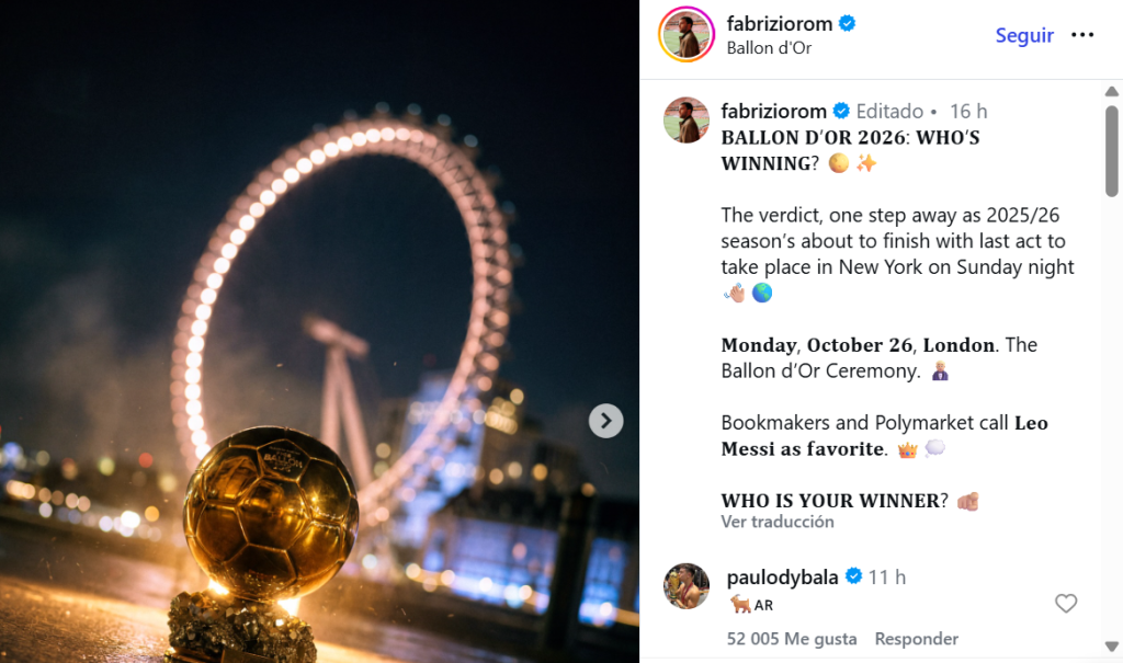 Captura de pantalla de una publicación de Fabrizio Romano en la que menciona el Balón de Oro 2026 y a Lionel Messi