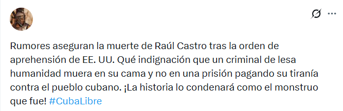 Captura de pantalla de una publicación en la que se difundió que Raúl Castro murió, aunque no es verdad que el hermano de Fidel falleció porque está vivo hoy 2026