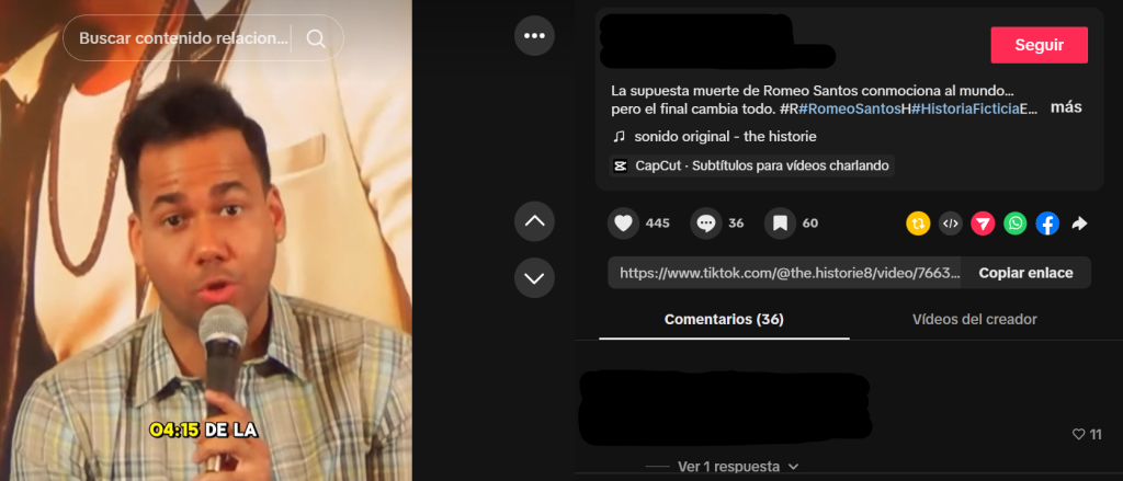 Captura de pantalla de una publicación en la que se lee que Romeo Santos murió hoy julio de 2026, aunque no es verdad que falleció porque está vivo
