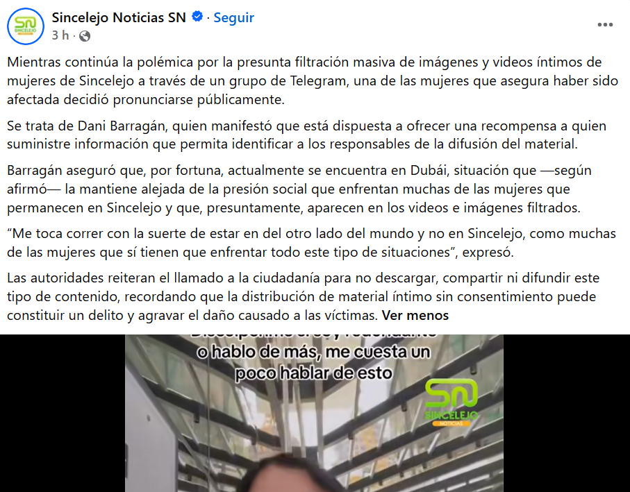 Captura de pantalla del video de Dani Barragán en el que denunció la filtración de fotos y videos íntimos en el grupo de Telegram Sincelejo Boletas, el cual es viral también en Facebook y Twitter