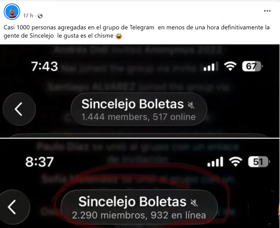 Captura de pantalla de uno de los grupos de Sincelejo en Telegram, en el cual se han vuelto viral fotos y videos filtrados