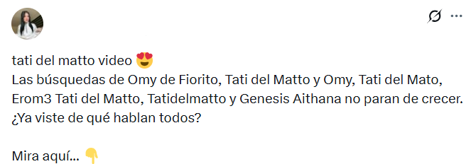Captura de pantalla de una publicación viral en Twitter que habla sobre el supuesto video filtrado de Tati del Matto y Omy de Fiorito, también difundido en Telegram