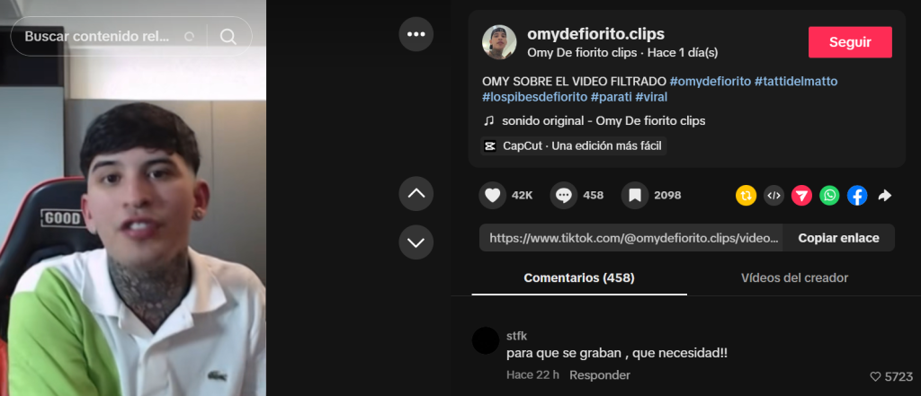 Captura de pantalla de una publicación en la que el streamer Omar de Fiorito habla sobre la filtración viral con Tati del Matto, el cual también es conocido como video de Tatty y Omy en Twitter y Telegram