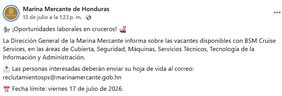 Captura de pantalla de la publicación sobre las vacantes