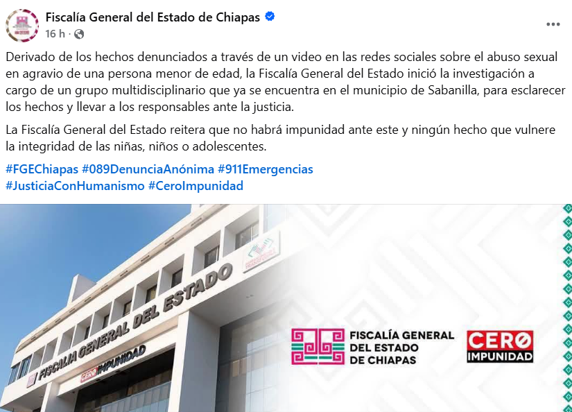 Capturas de pantalla una publicación de la Fiscalía sobre el caso del video del niño en Sabanilla, Chiapas