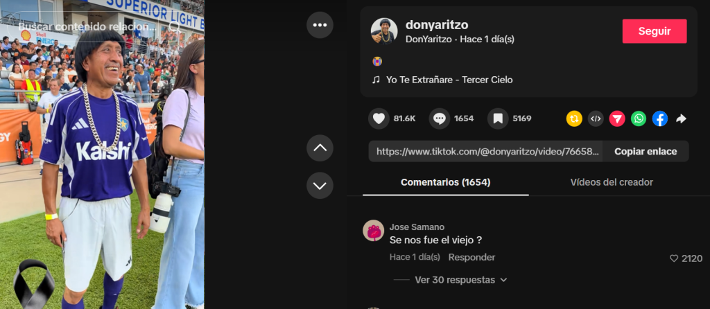 Captura de pantalla de una publicación en la que se hace alusión a que murió Don Yaritzo, aunque no es verdad que falleció el tiktoker hoy 2026 porque al igual que su hija La Yaritzita está vivo