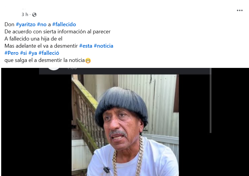 Captura de pantalla de una publicación en la que se lee que murió Yaritza, aunque no es verdad que falleció la hija de Don Yaritzo hoy 2026 porque La Yaritzita está viva