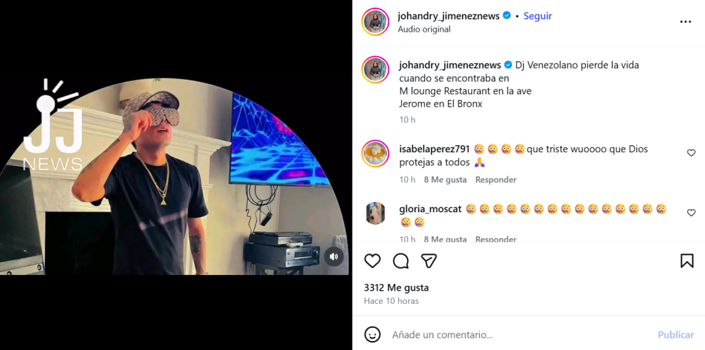 Captura de pantalla de una publicación sobre la muerte del DJ del Hampa, cuyo caso se volvió viral tras un video filtrado que muestra el asesinato de Yei Reyes