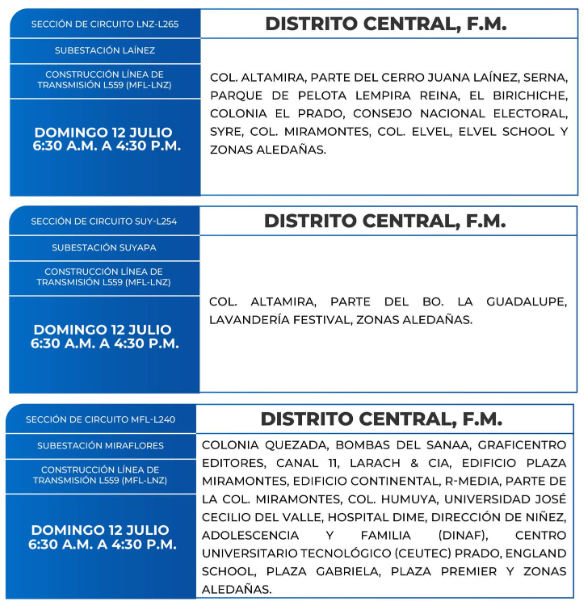 Lista de colonias que no tendrán luz este domingo debido a cortes de energía eléctrica programados por la ENEE