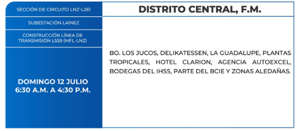 Lista de colonias que no tendrán luz este domingo debido a cortes de energía eléctrica programados por la ENEE