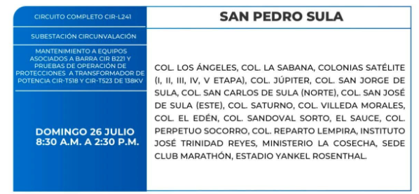 Lista de colonias que no tendrán luz este domingo debido a cortes de energía eléctrica programados por la ENEE