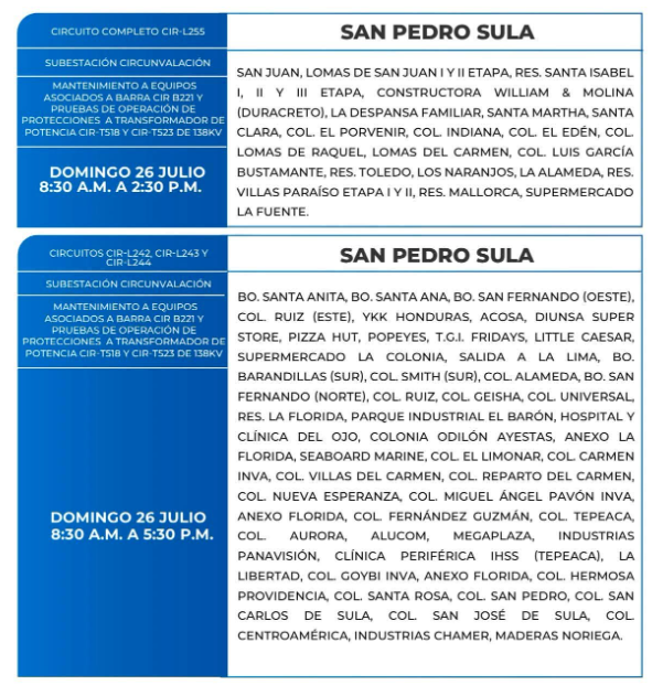 Lista de colonias que no tendrán luz este domingo debido a cortes de energía eléctrica programados por la ENEE