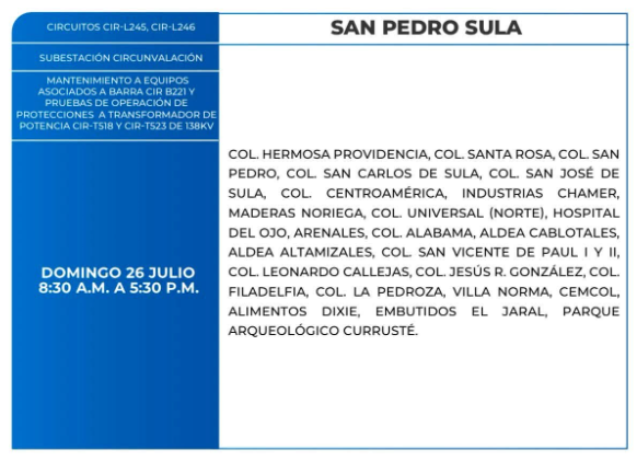 Lista de colonias que no tendrán luz este domingo debido a cortes de energía eléctrica programados por la ENEE