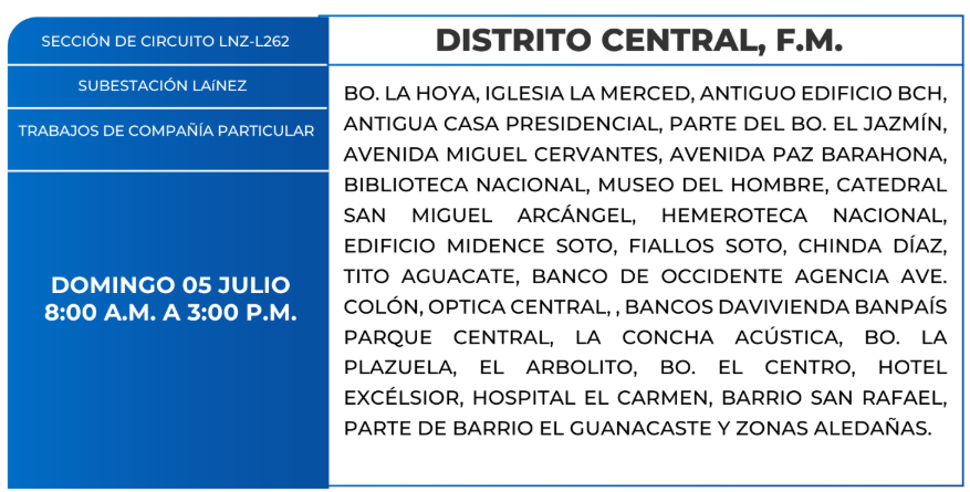 Lista de colonias que no tendrán luz este domingo debido a cortes de energía eléctrica programados por la ENEE