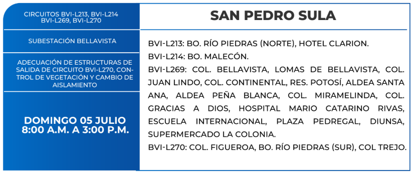 Lista de colonias que no tendrán luz este domingo debido a cortes de energía eléctrica programados por la ENEE