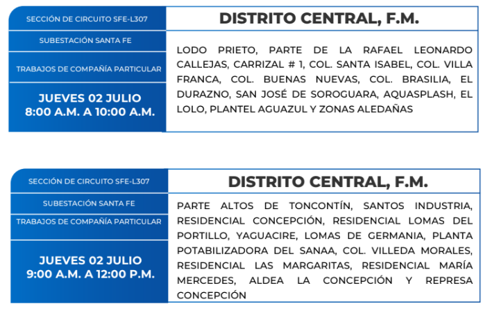 Lista de colonias que no tendrán luz este jueves debido a cortes de energía eléctrica programados por la ENEE