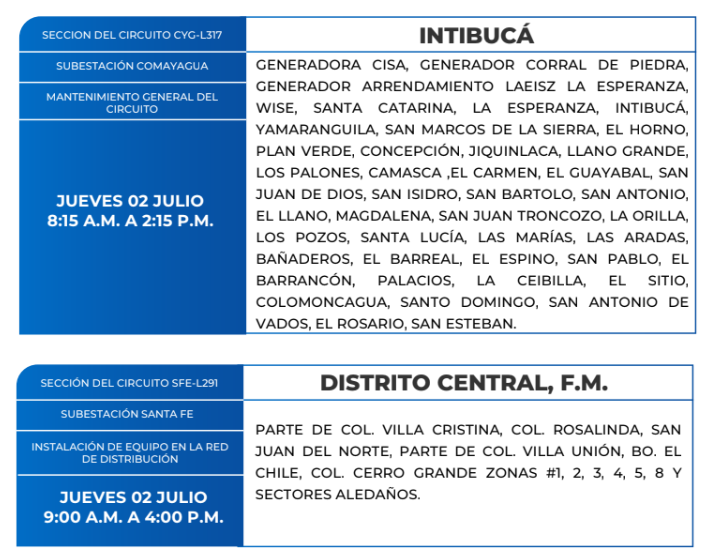 Lista de colonias que no tendrán luz este jueves debido a cortes de energía eléctrica programados por la ENEE