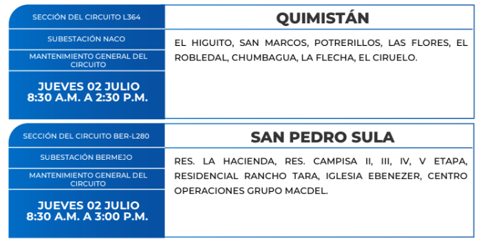 Lista de colonias que no tendrán luz este jueves debido a cortes de energía eléctrica programados por la ENEE