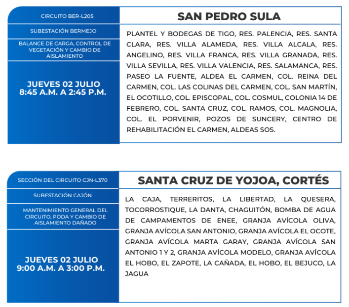 Lista de colonias que no tendrán luz este jueves debido a cortes de energía eléctrica programados por la ENEE