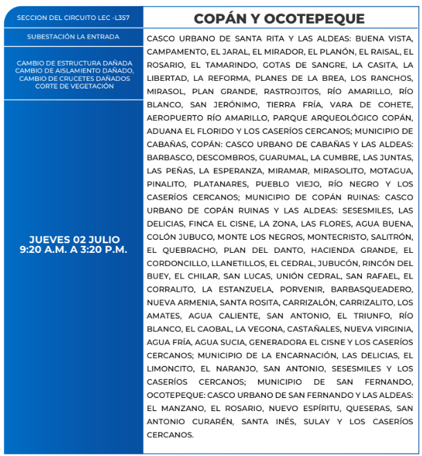 Lista de colonias que no tendrán luz este jueves debido a cortes de energía eléctrica programados por la ENEE
