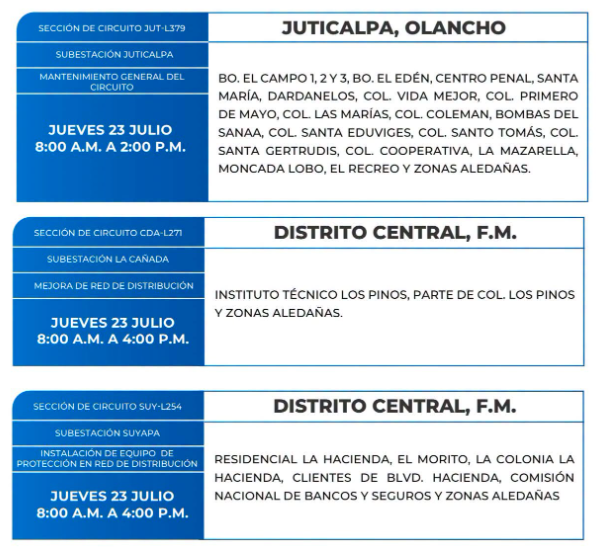Lista de colonias que no tendrán luz este jueves debido a cortes de energía eléctrica programados por la ENEE