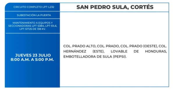Lista de colonias que no tendrán luz este jueves debido a cortes de energía eléctrica programados por la ENEE