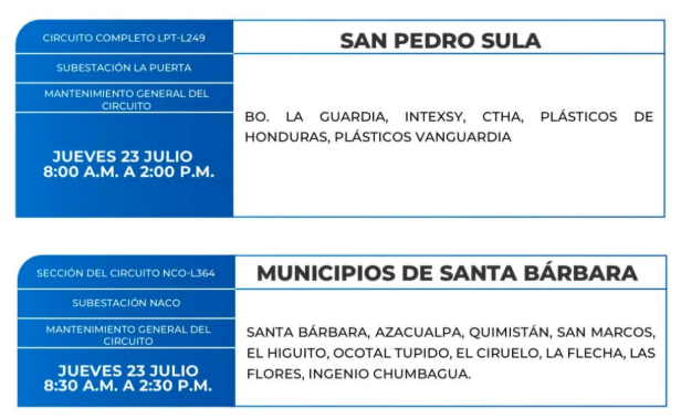 Lista de colonias que no tendrán luz este jueves debido a cortes de energía eléctrica programados por la ENEE