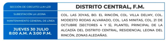 Lista de colonias que no tendrán luz este jueves debido a cortes de energía eléctrica programados por la ENEE