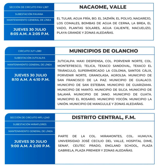 Lista de colonias que no tendrán luz este jueves debido a cortes de energía eléctrica programados por la ENEE