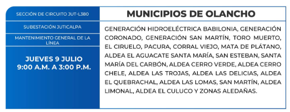 Lista de colonias que no tendrán luz este jueves debido a cortes de energía eléctrica programados por la ENEE