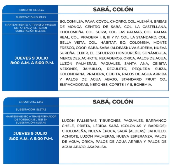 Lista de colonias que no tendrán luz este jueves debido a cortes de energía eléctrica programados por la ENEE
