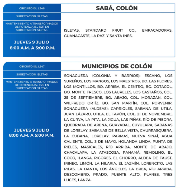 Lista de colonias que no tendrán luz este jueves debido a cortes de energía eléctrica programados por la ENEE