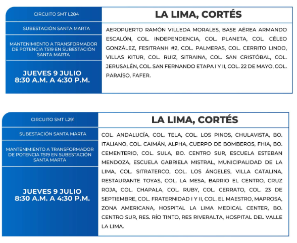 Lista de colonias que no tendrán luz este jueves debido a cortes de energía eléctrica programados por la ENEE