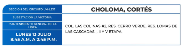 Lista de colonias que no tendrán luz este lunes debido a cortes de energía eléctrica programados por la ENEE