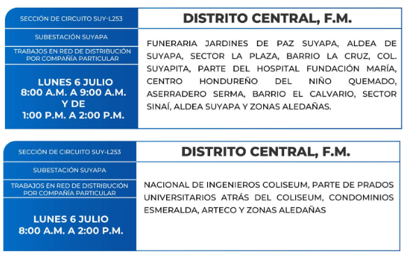 Lista de colonias que no tendrán luz este lunes debido a cortes de energía eléctrica programados por la ENEE