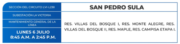 Lista de colonias que no tendrán luz este lunes debido a cortes de energía eléctrica programados por la ENEE