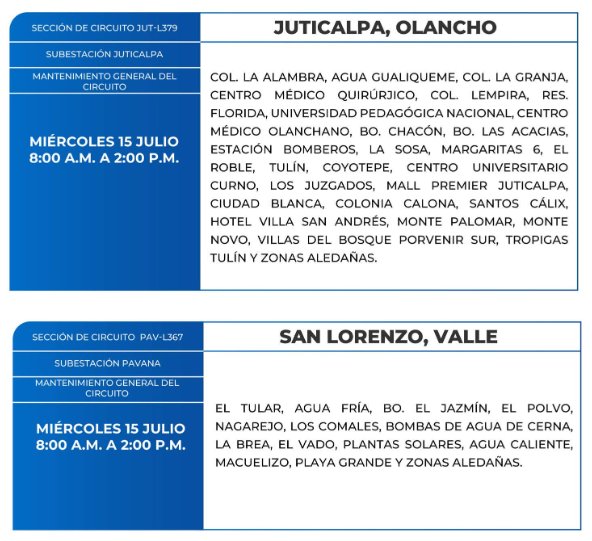 Lista de colonias que no tendrán luz este miércoles debido a cortes de energía eléctrica programados por la ENEE