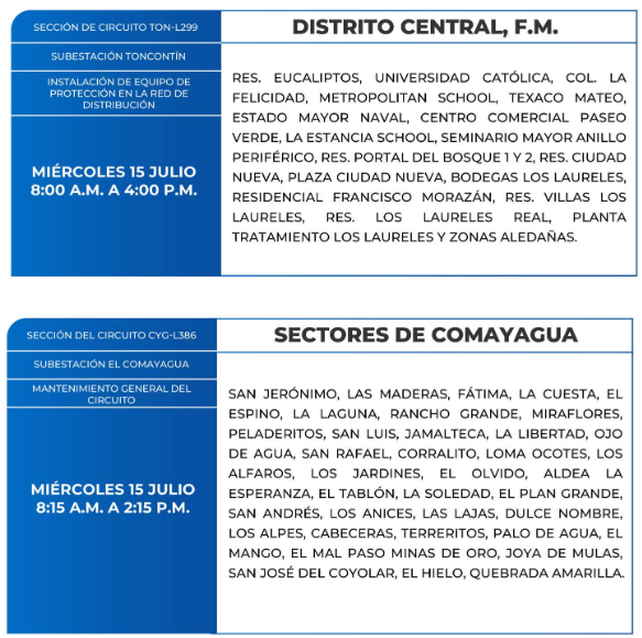 Lista de colonias que no tendrán luz este miércoles debido a cortes de energía eléctrica programados por la ENEE