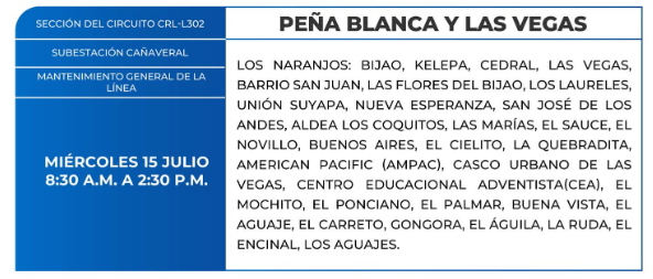 Lista de colonias que no tendrán luz este miércoles debido a cortes de energía eléctrica programados por la ENEE