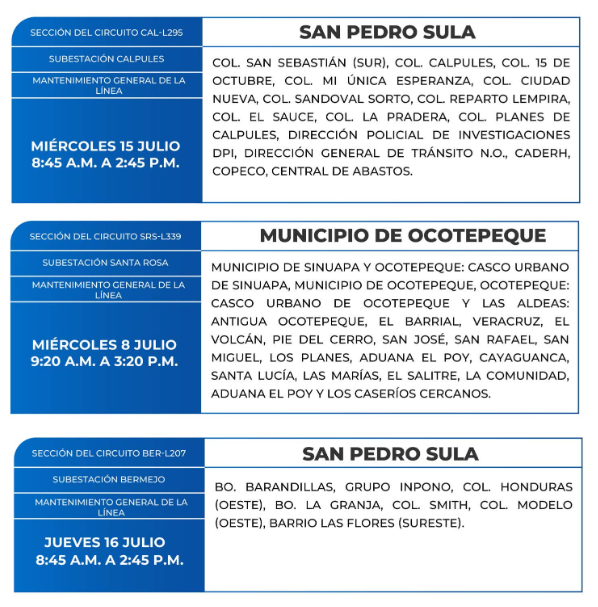 Lista de colonias que no tendrán luz este miércoles debido a cortes de energía eléctrica programados por la ENEE