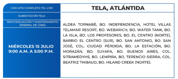Lista de colonias que no tendrán luz este miércoles debido a cortes de energía eléctrica programados por la ENEE