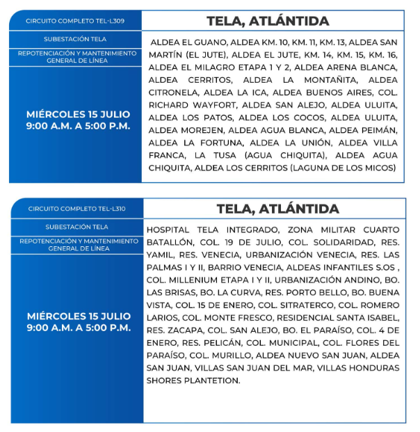 Lista de colonias que no tendrán luz este miércoles debido a cortes de energía eléctrica programados por la ENEE
