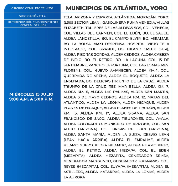 Lista de colonias que no tendrán luz este miércoles debido a cortes de energía eléctrica programados por la ENEE
